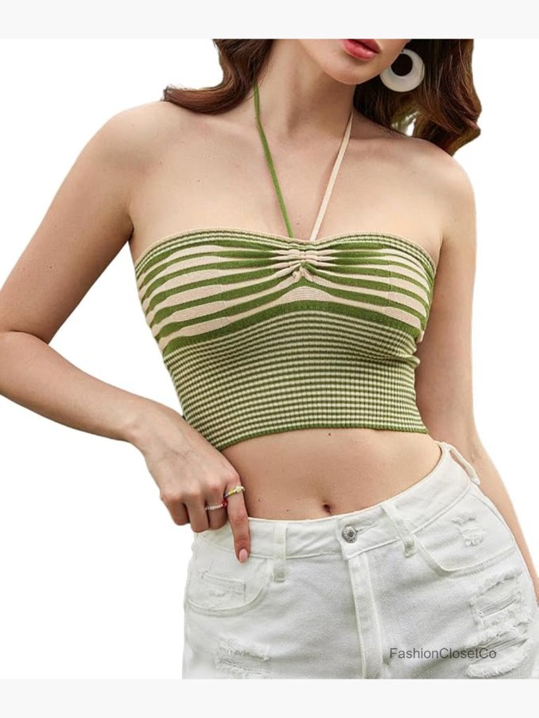 Viscose Striped Halter Crop Cami Tank